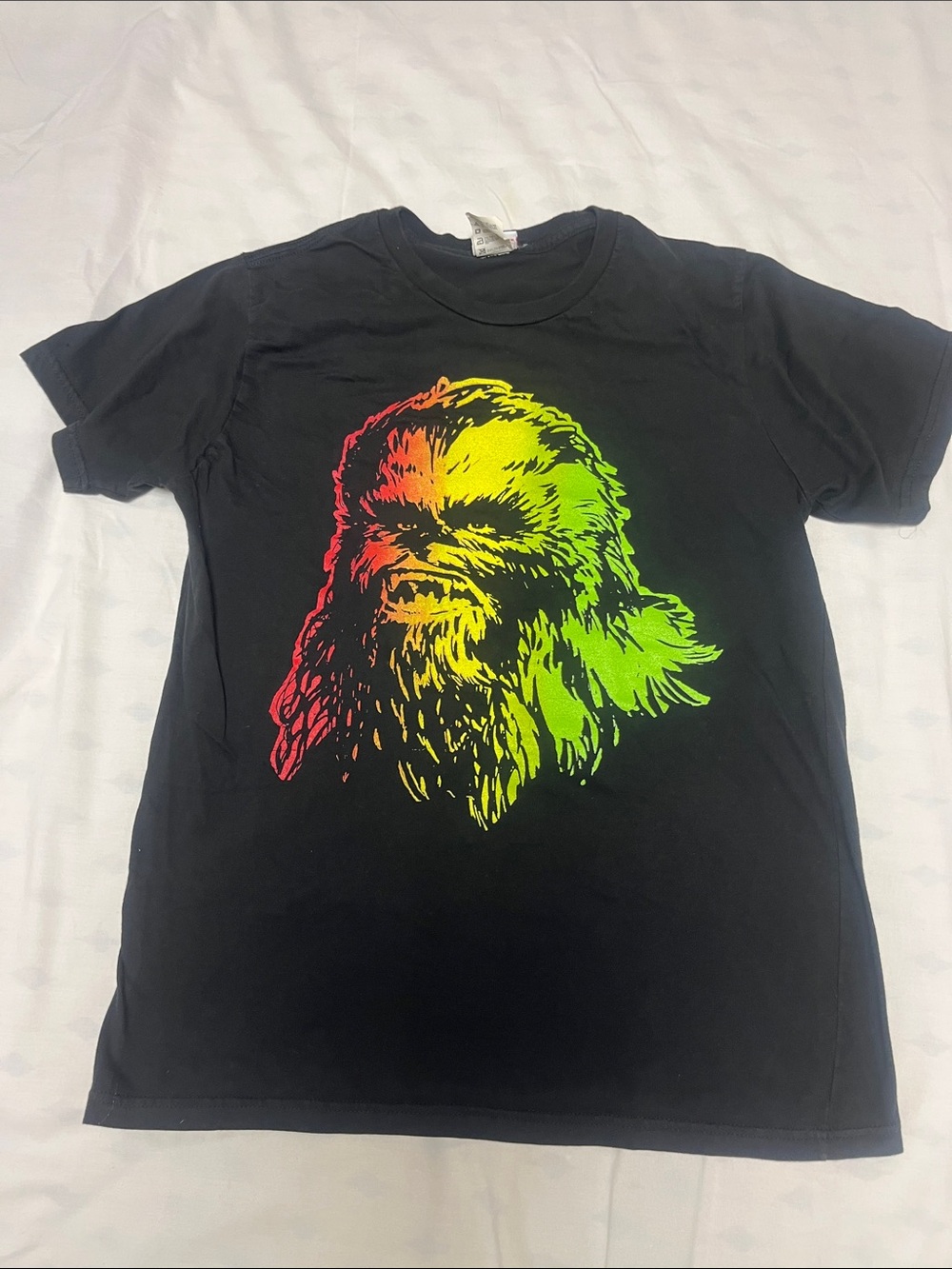 Star Wars Black Tee with Red, Yellow, Green Chewbacca Graphic